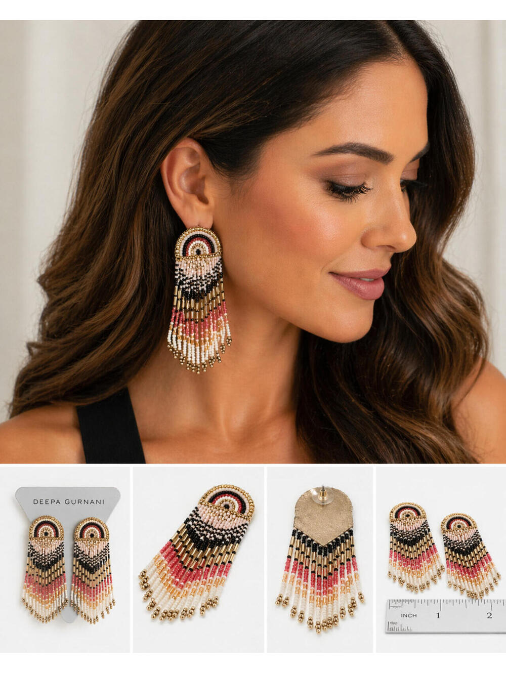 Deepa Gurnani Beaded Fringe Earrings Multicolor Crystal Statement Boho Luxe NWOT